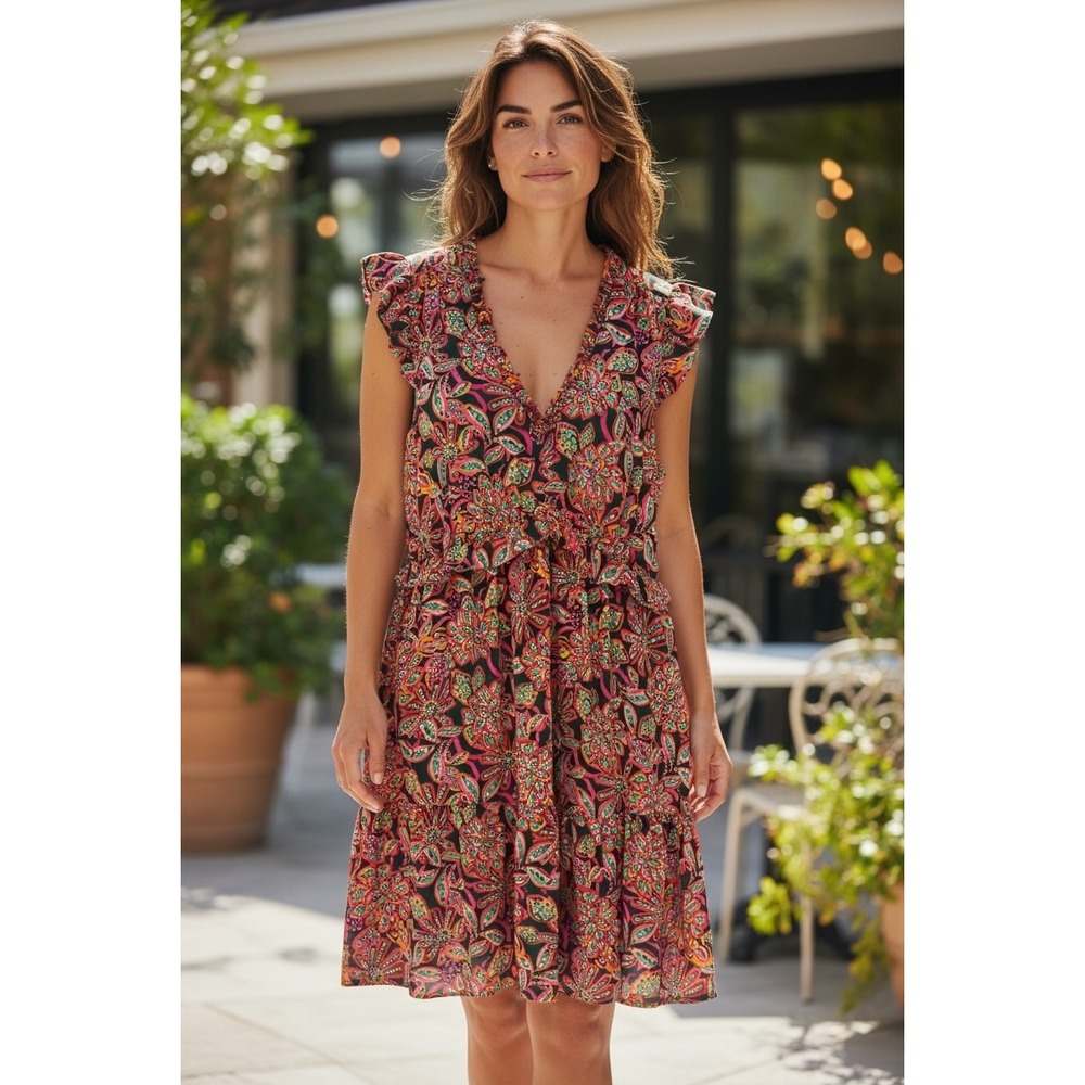 J.Crew Floral Paisley Mini Dress Ruffle Flutter Sleeve Tiered 8 Boho Tropical